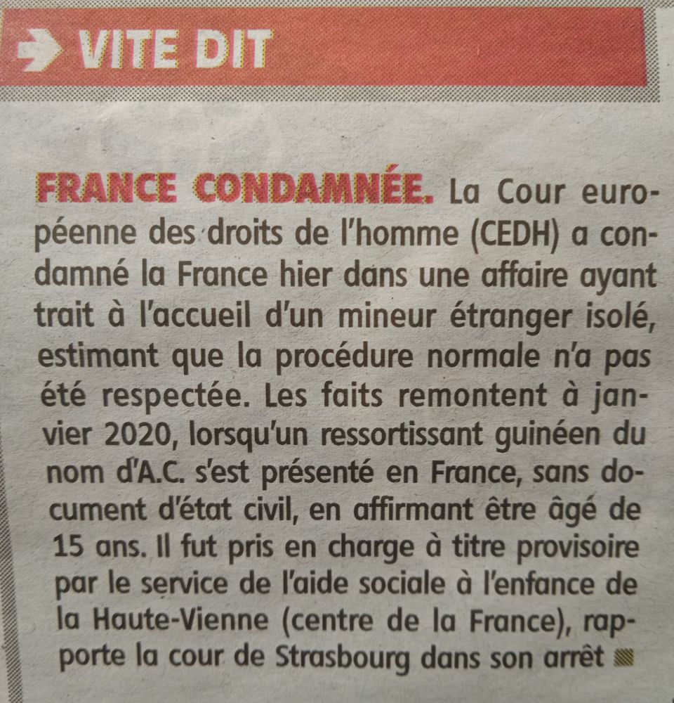 La France condamnée par la Cour Européenne des Droits de l'Homme dans une affaire concernant un MNA